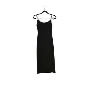 Vintage 90s Black Satin Slip Dress Medium M Maxi Cross Back Goth Minimalist XS
